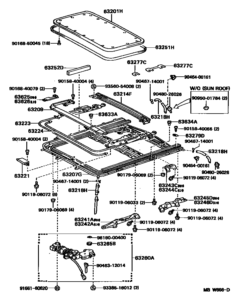 Toyota COROLLA 天窗板和背窗玻璃 EPC diagram — MBW666D