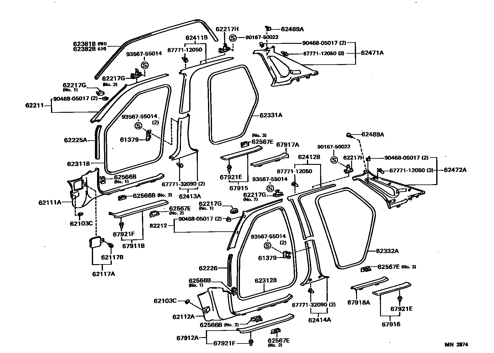 Toyota COROLLA 内饰板和车门防水胶条 EPC diagram — MN2874
