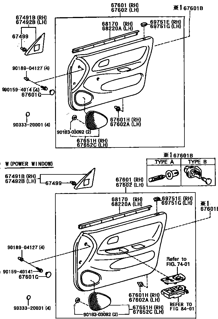 Toyota COROLLA 前门板和前门玻璃 EPC diagram — 670364