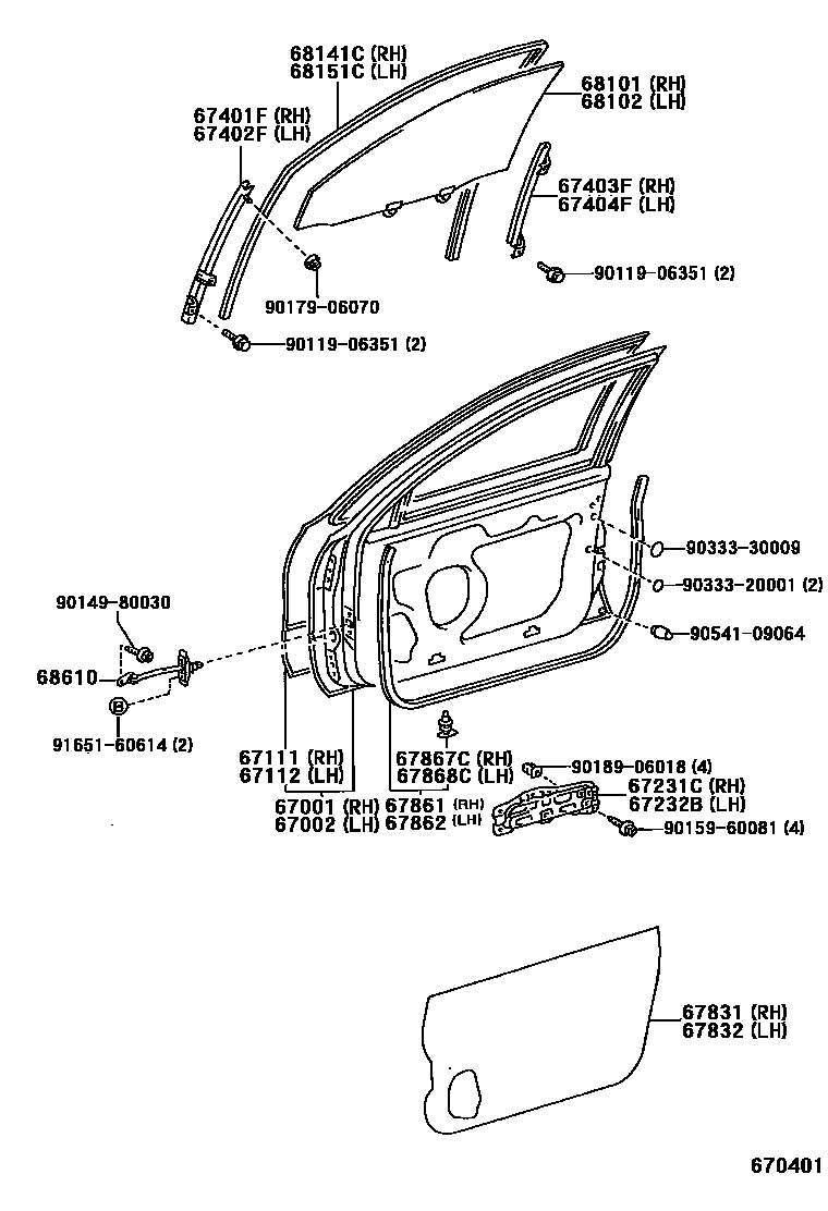 Toyota COROLLA 前门板和前门玻璃 EPC diagram — 670401