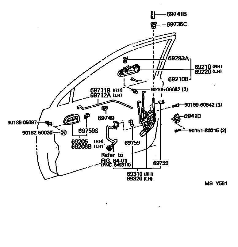 Toyota COROLLA 前门锁和车门把手 EPC diagram — MBY581