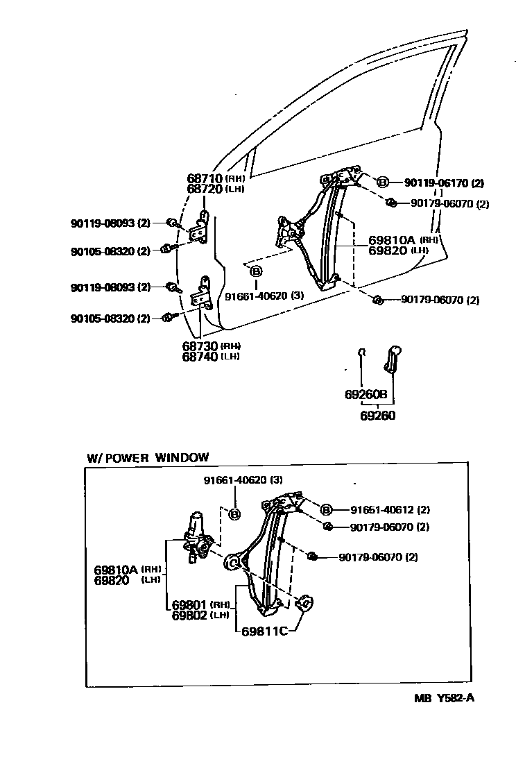 Toyota COROLLA 前门车窗升降器和合页 EPC diagram — MBY582A