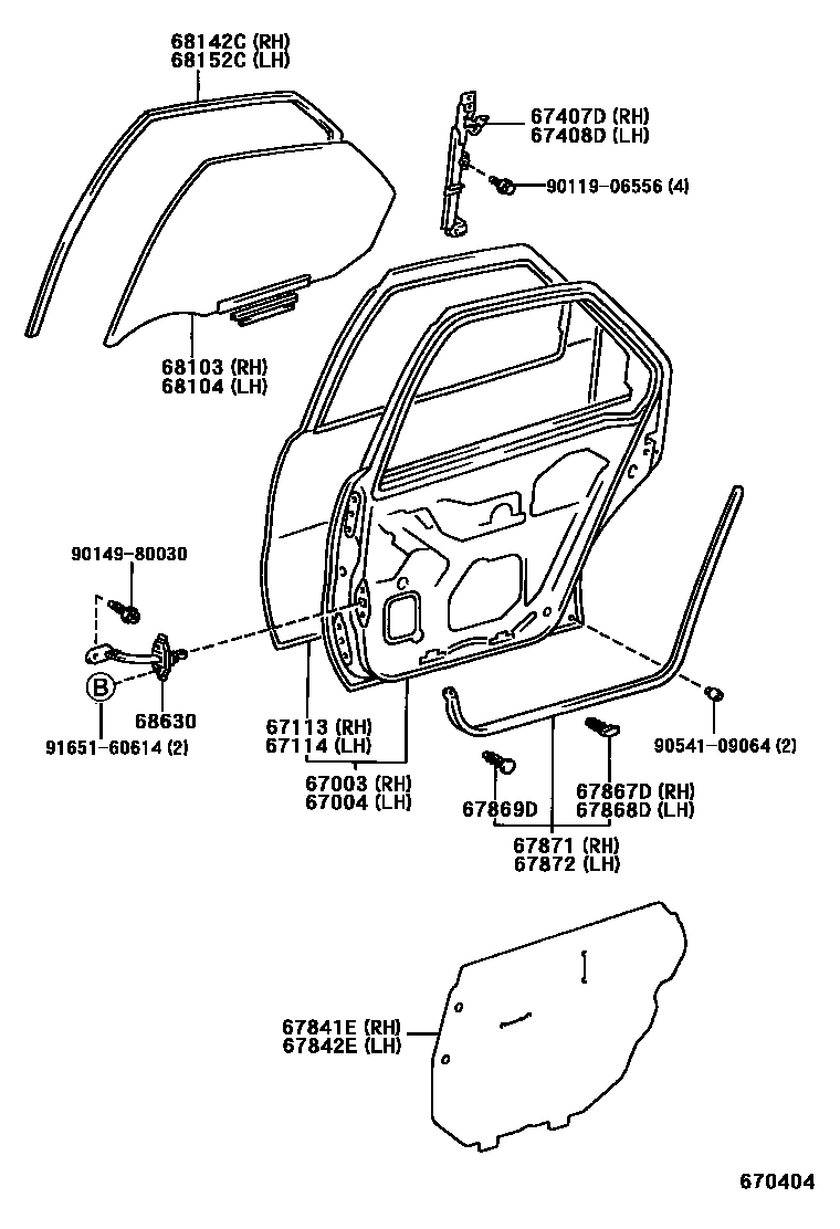 Toyota COROLLA 后门板和后门玻璃 EPC diagram — 670404