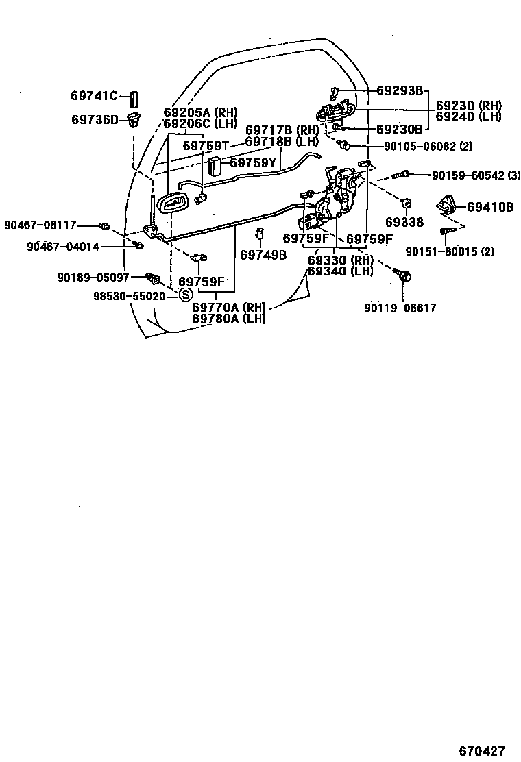 Toyota COROLLA 后门锁和后门把手 EPC diagram — 670427