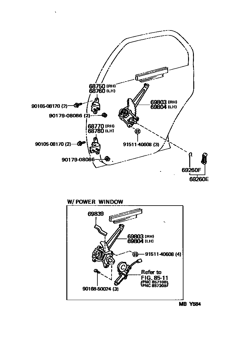 Toyota COROLLA 后门车窗升降器和合页 EPC diagram — MBY584