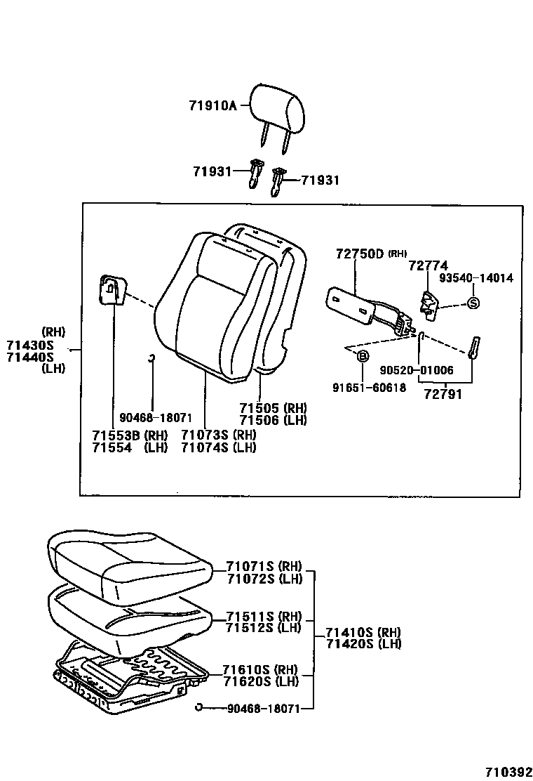 Toyota COROLLA 前排座椅和座椅滑轨 EPC diagram — 710392
