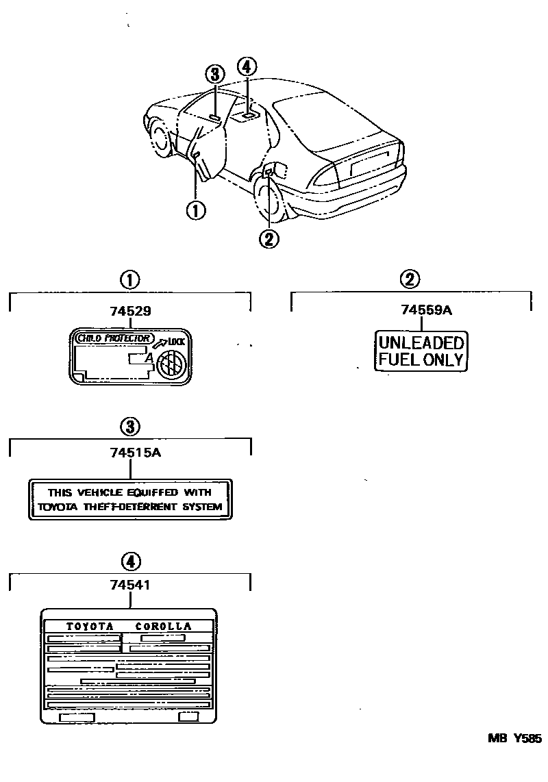 Toyota COROLLA 警示铭牌(车外和车内) EPC diagram — MBY585