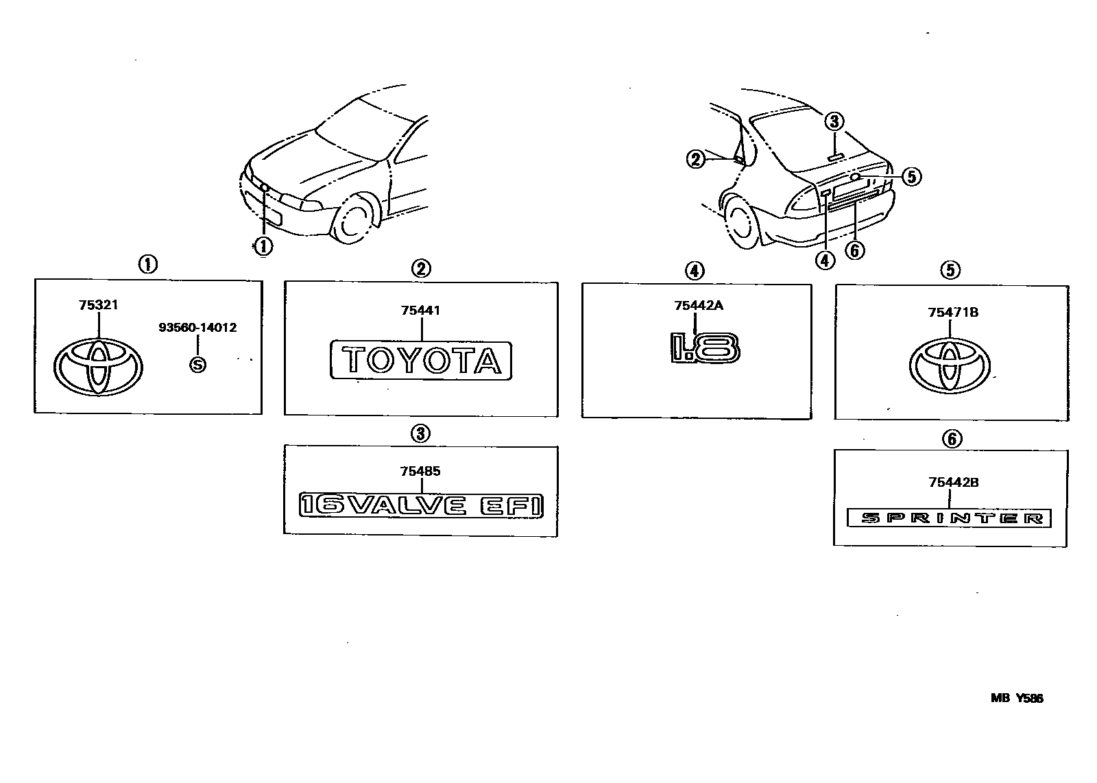 Toyota COROLLA 丰田徽标和铭牌(车外和车内) EPC diagram — MBY586