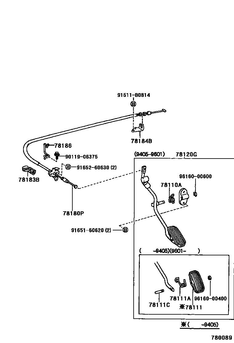Toyota COROLLA accelerator pedal connecting rod EPC diagram — 780089