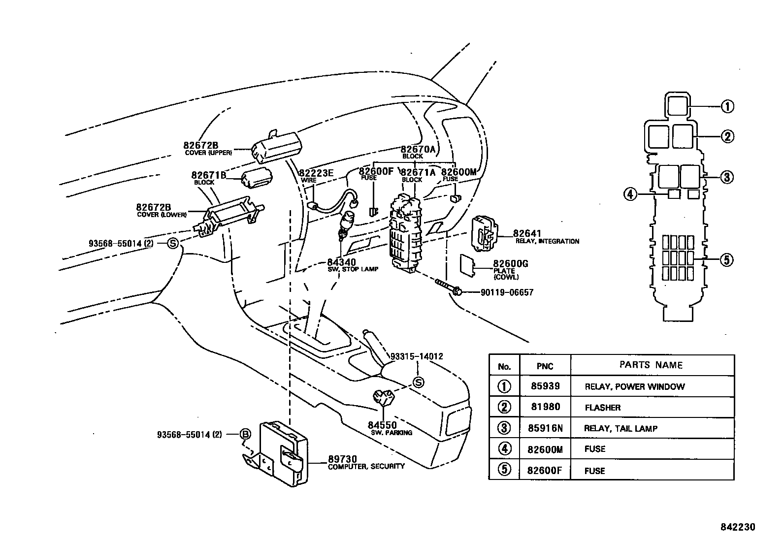 Toyota COROLLA 开关和继电器和ECU EPC diagram — 842230