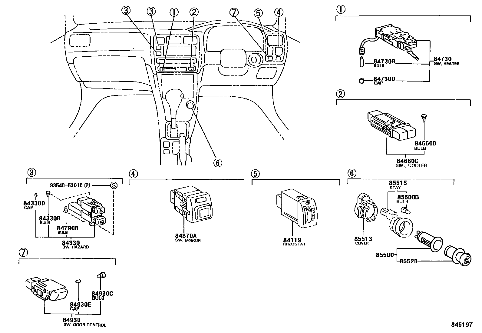 Toyota COROLLA 开关和继电器和ECU EPC diagram — 845197