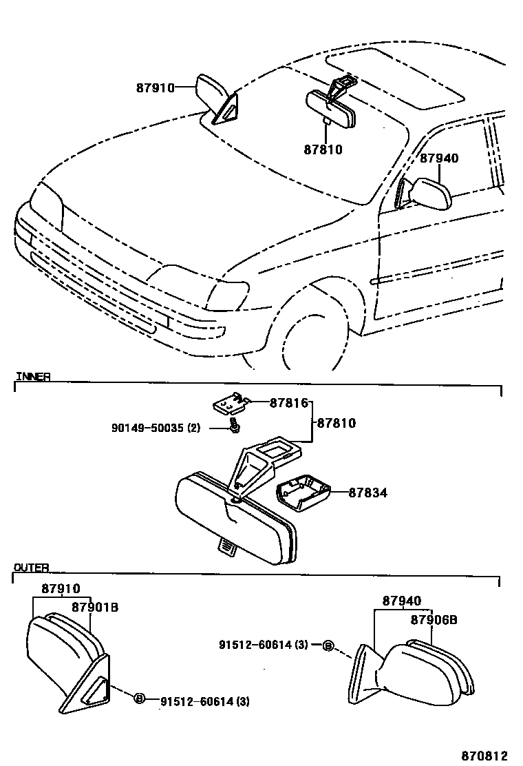 Toyota COROLLA 后视镜 EPC diagram — 870812