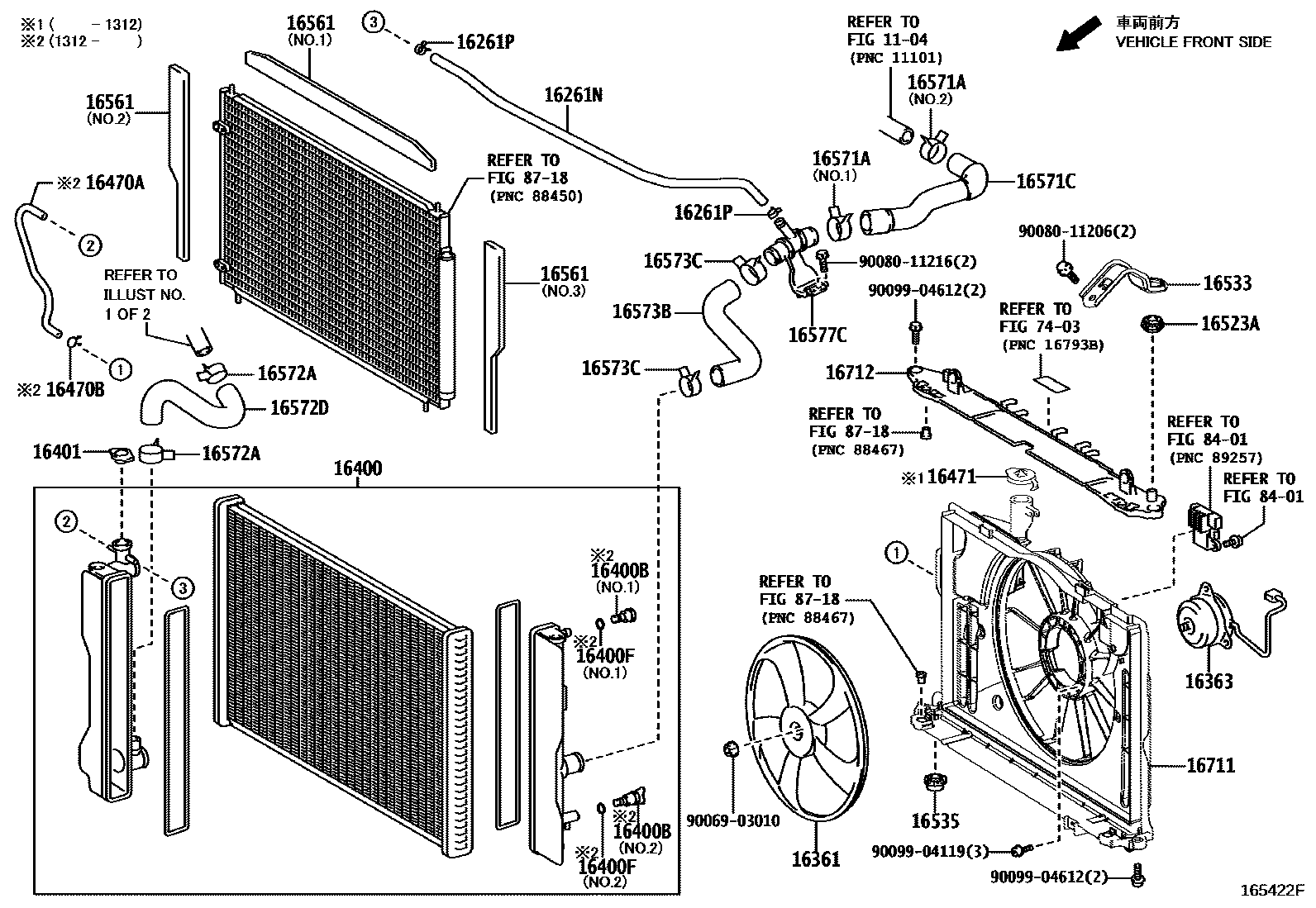 Toyota COROLLA RADIATOR & WATER OUTLET EPC diagram — 165422F