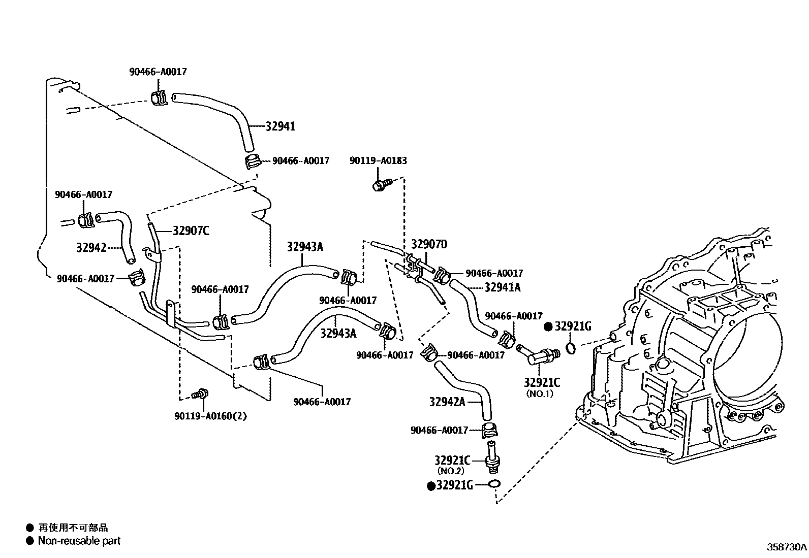 Toyota COROLLA 变速器油冷却器和配管(ATM) EPC diagram — 358730A