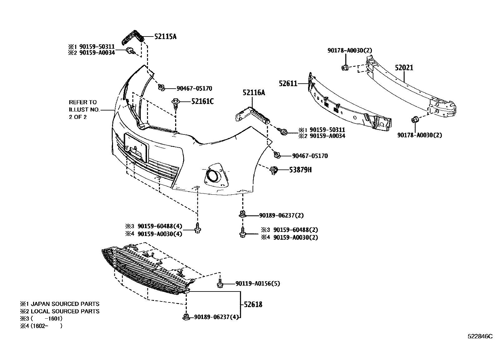 Toyota COROLLA 前保险杠及附件 EPC diagram — 522846C