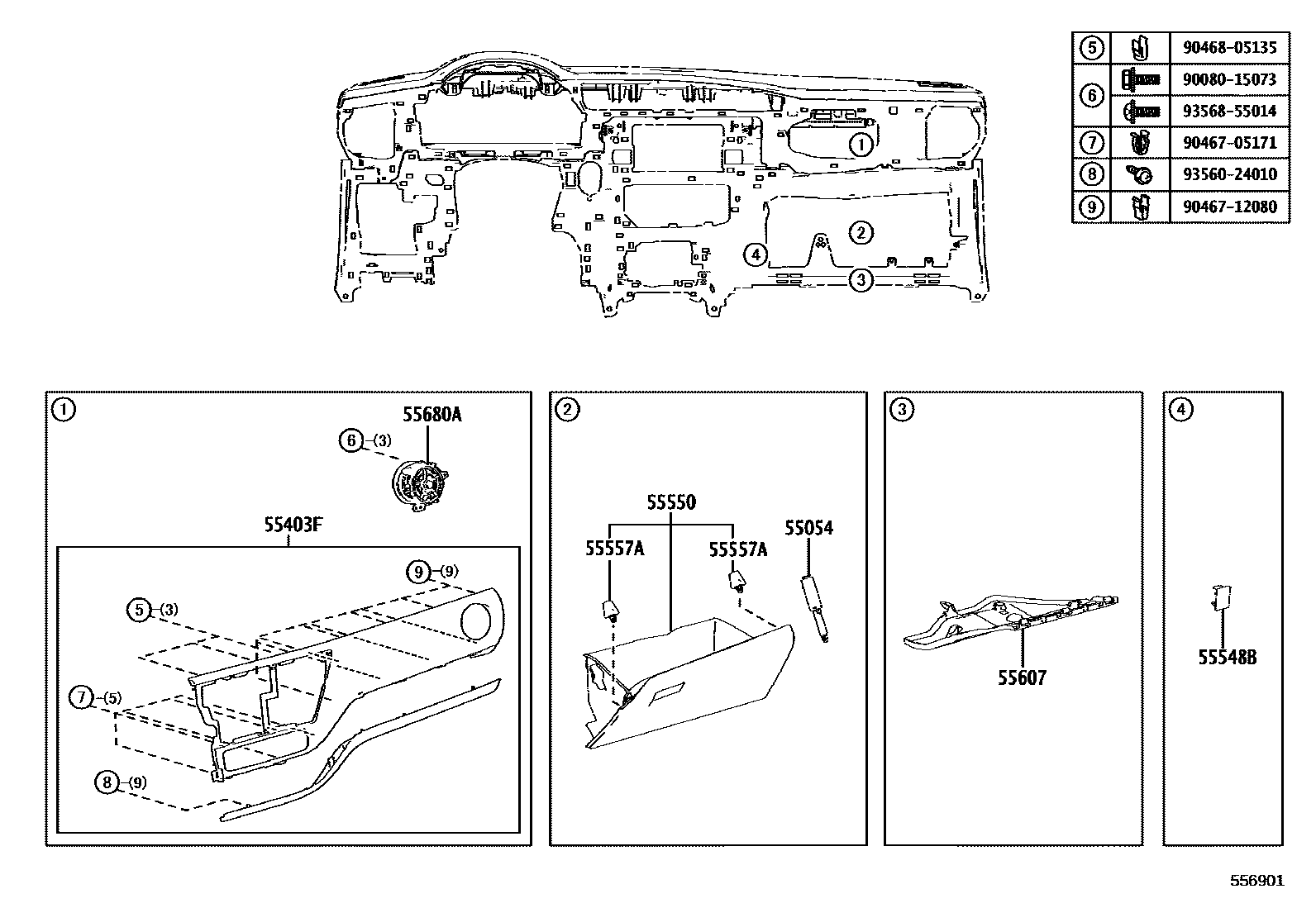 Toyota COROLLA 仪表板和手套箱 EPC diagram — 556901