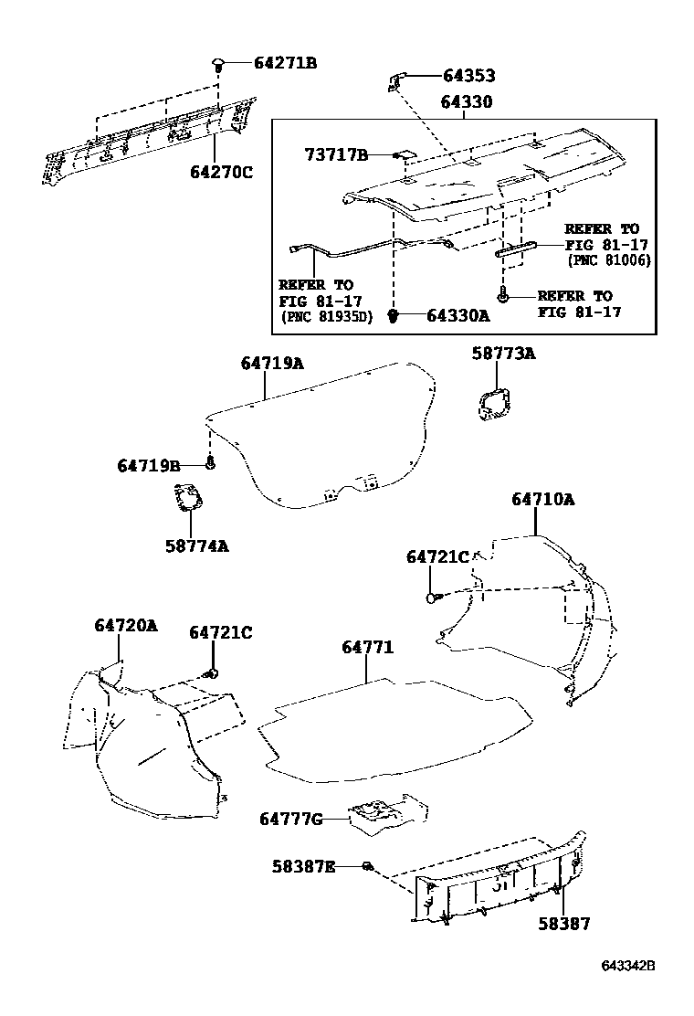 Toyota COROLLA 杂物箱板和行李箱垫 EPC diagram — 643342B
