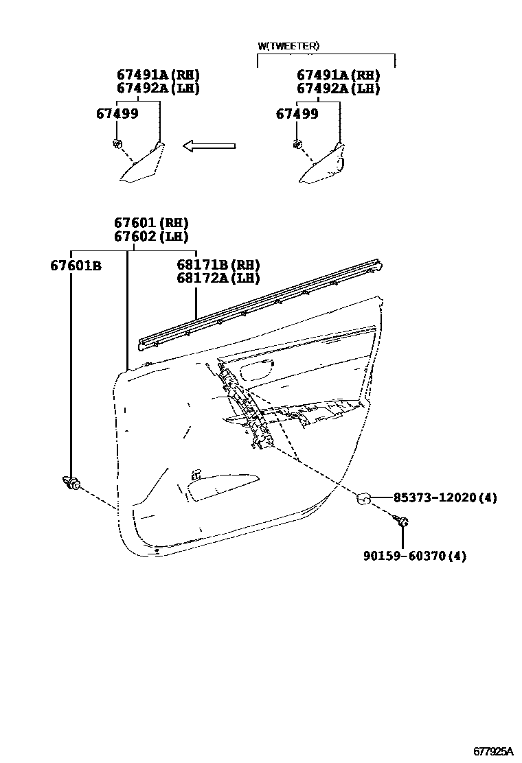 Toyota COROLLA 前门板和前门玻璃 EPC diagram — 677925A