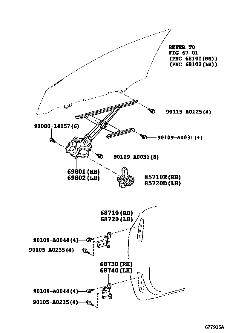 Toyota COROLLA 前门车窗升降器和合页 EPC diagram — 677935A