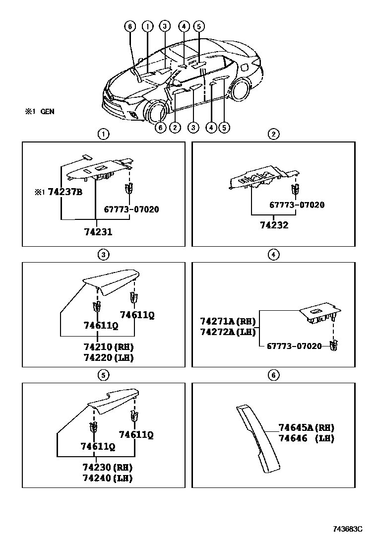 Toyota COROLLA 扶手和遮阳板 EPC diagram — 743683C