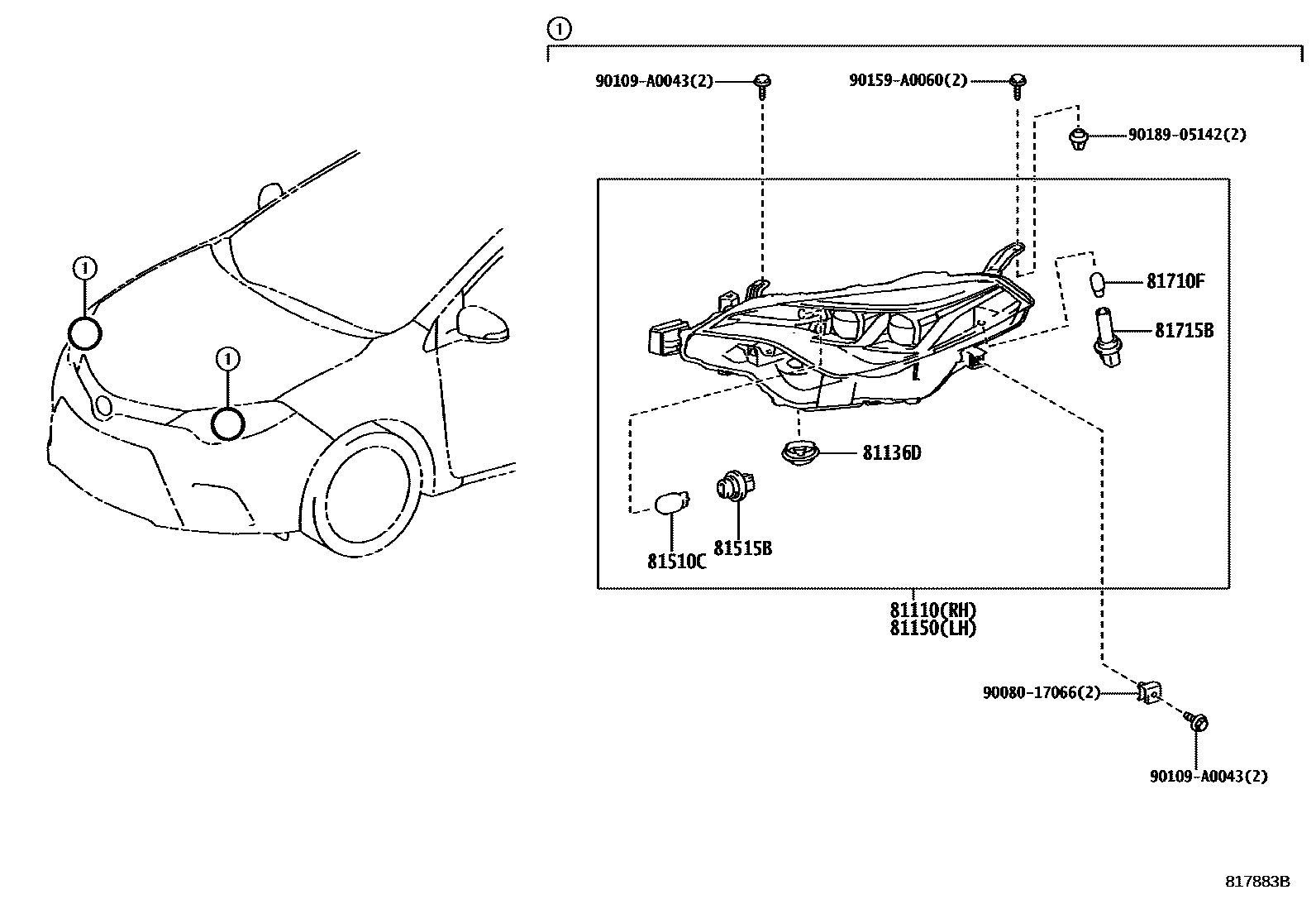 Toyota COROLLA Headlamp EPC diagram — 817883B
