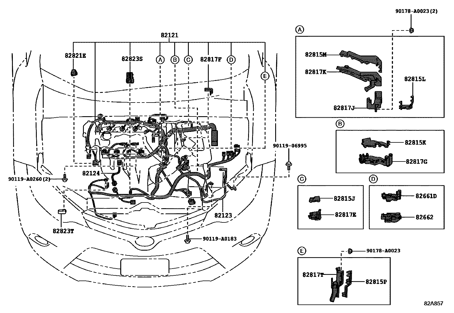 Toyota COROLLA 线束和卡夹 EPC diagram — 82A857