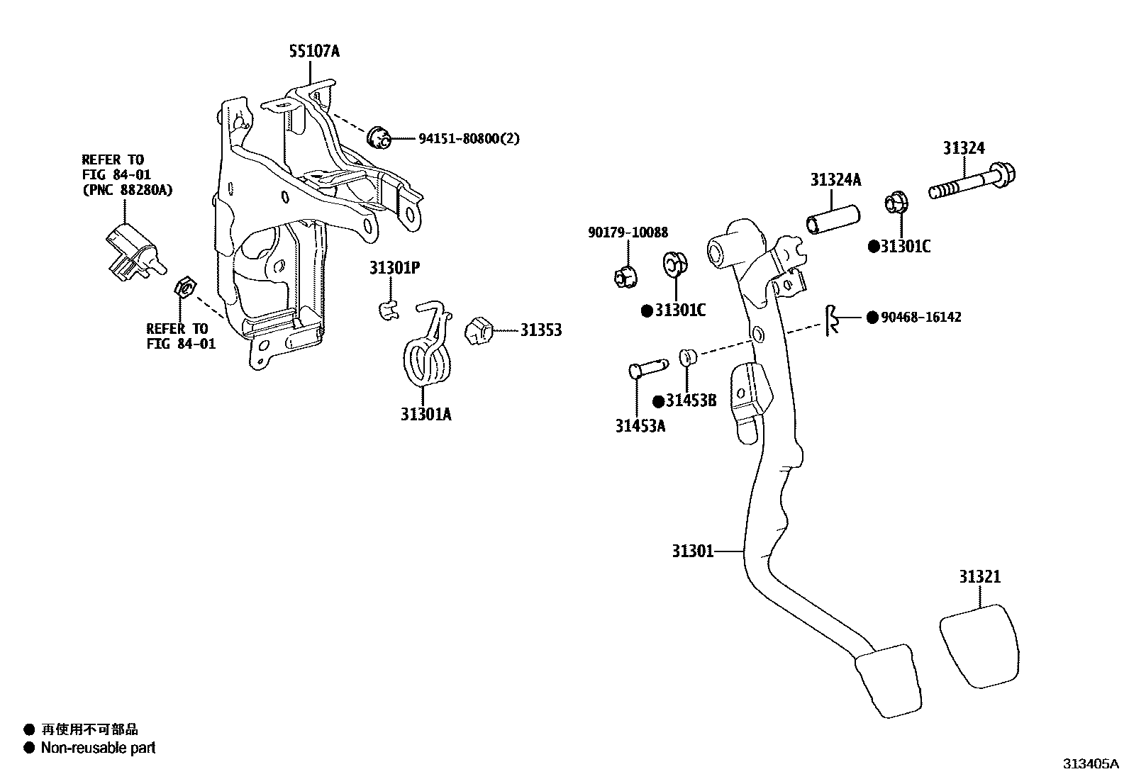 Toyota COROLLA 离合器踏板和挠性软管 EPC diagram — 313405A