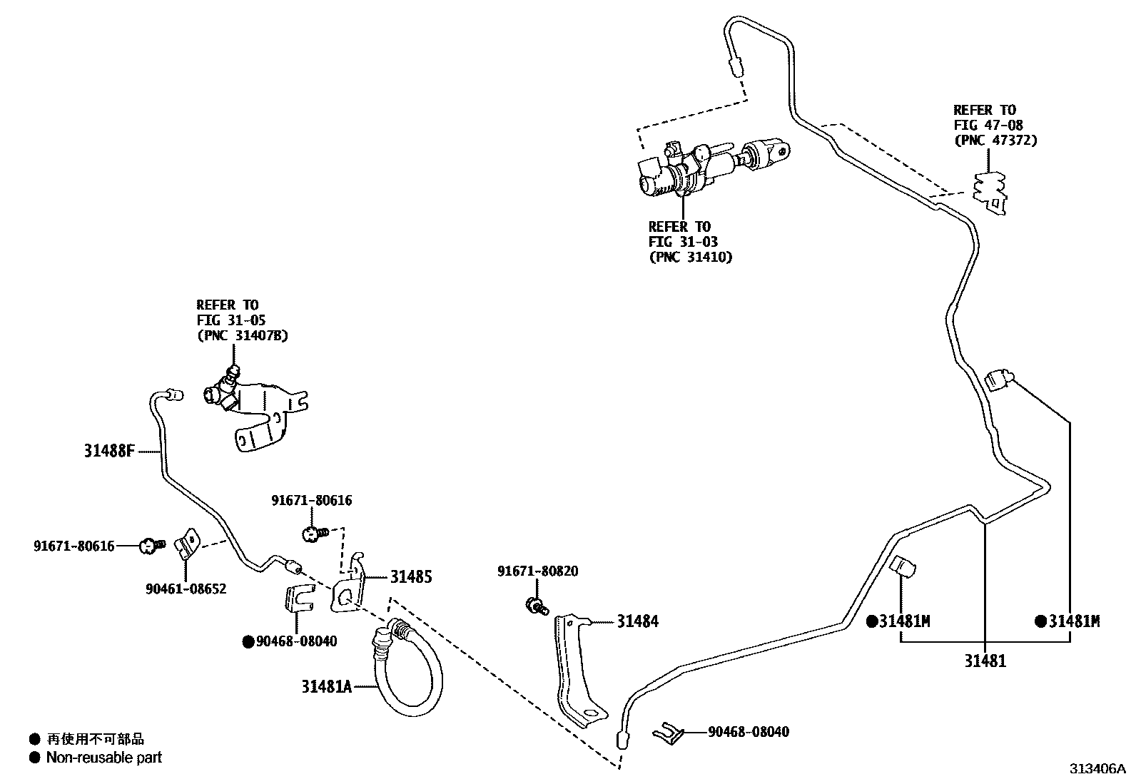 Toyota COROLLA 离合器踏板和挠性软管 EPC diagram — 313406A