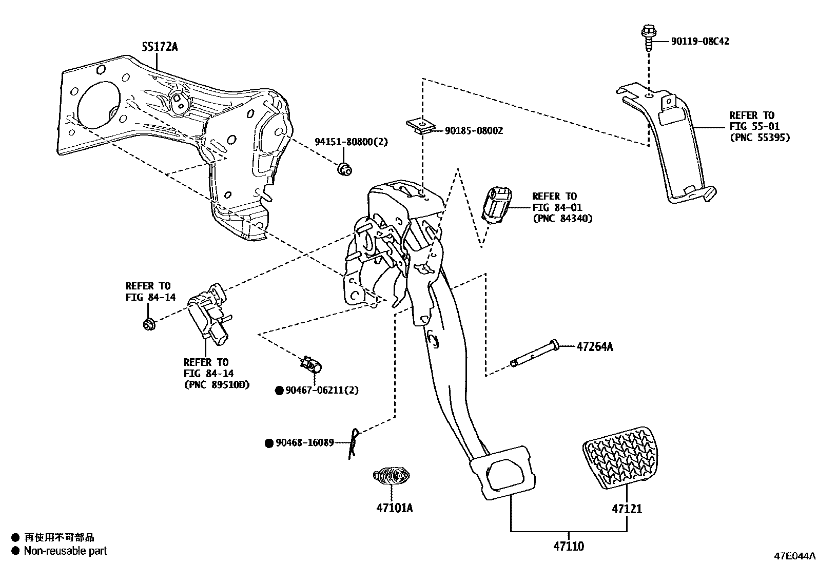 Toyota COROLLA Brake Pedal & Bracket EPC diagram — 47E044A