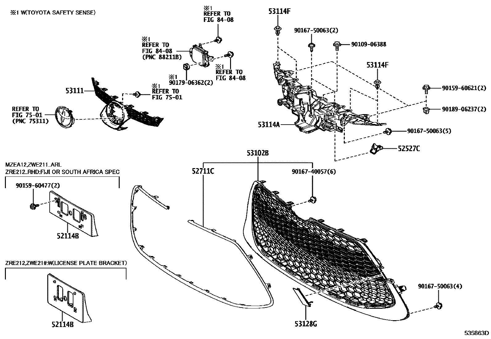 Toyota COROLLA radiator grille EPC diagram — 535863D