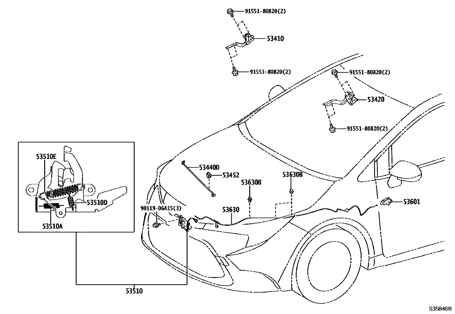 Toyota COROLLA 发动机盖锁和铰链 EPC diagram — 535846B