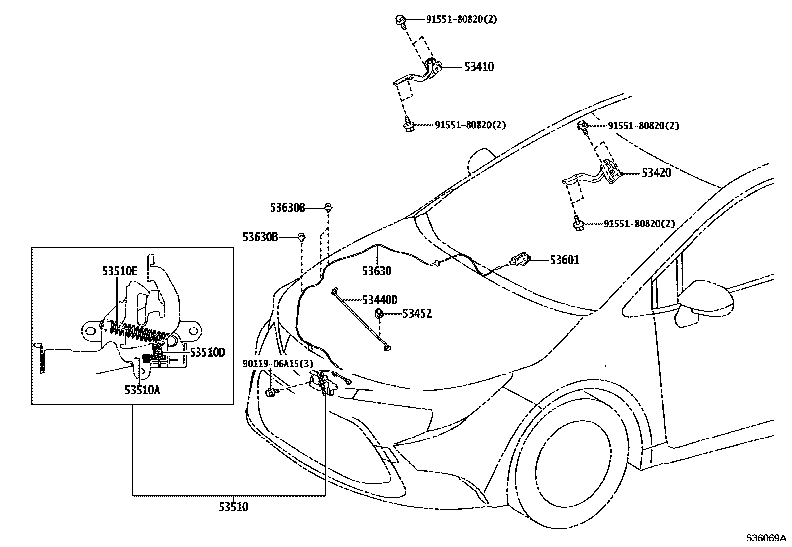 Toyota COROLLA 发动机盖锁和铰链 EPC diagram — 536069A