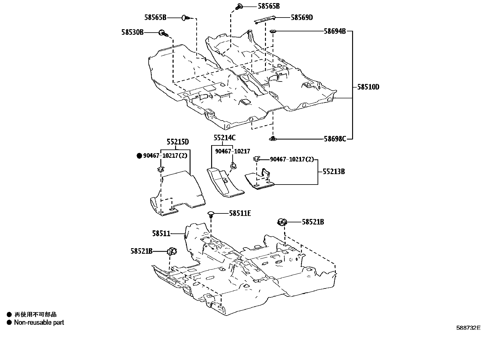 Toyota COROLLA 地板垫和地毯 EPC diagram — 588732E
