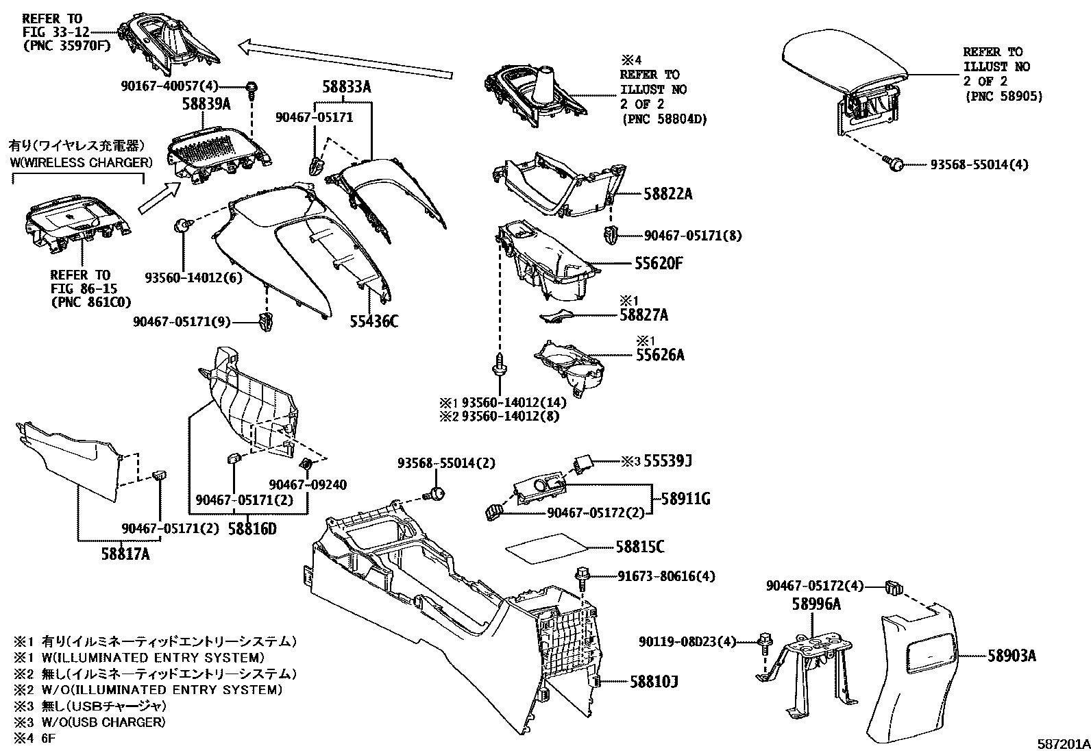 Toyota COROLLA 中央扶手箱和支架 EPC diagram — 587201A