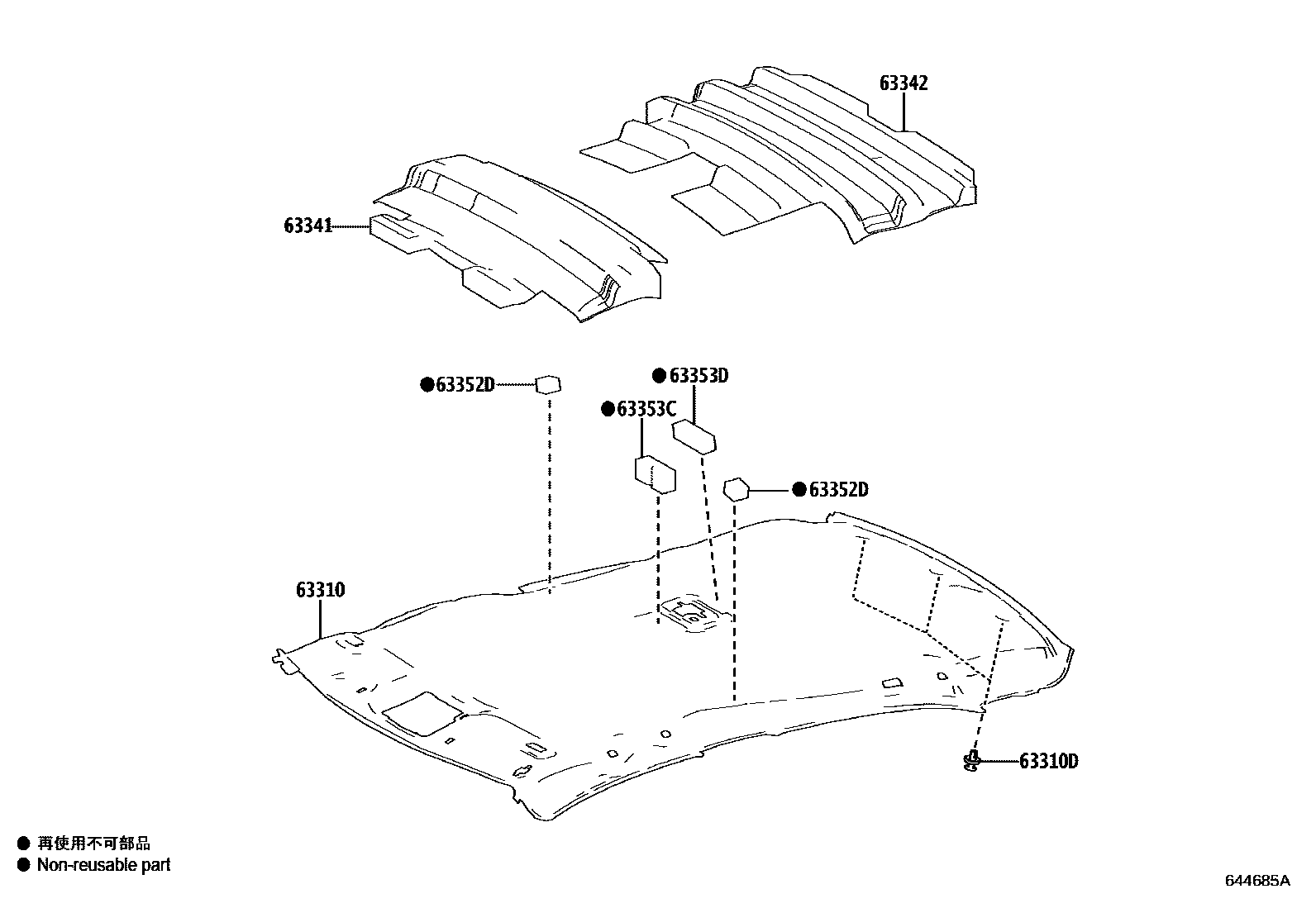 Toyota COROLLA 车顶内衬和消声垫 EPC diagram — 644685A