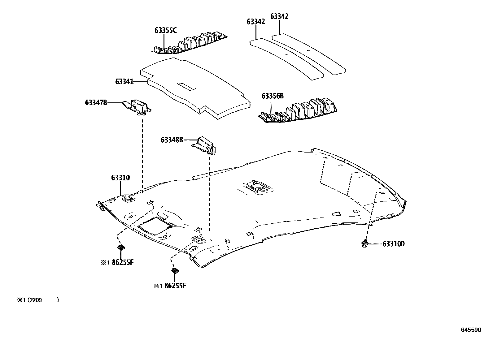 Toyota COROLLA 车顶内衬和消声垫 EPC diagram — 645590