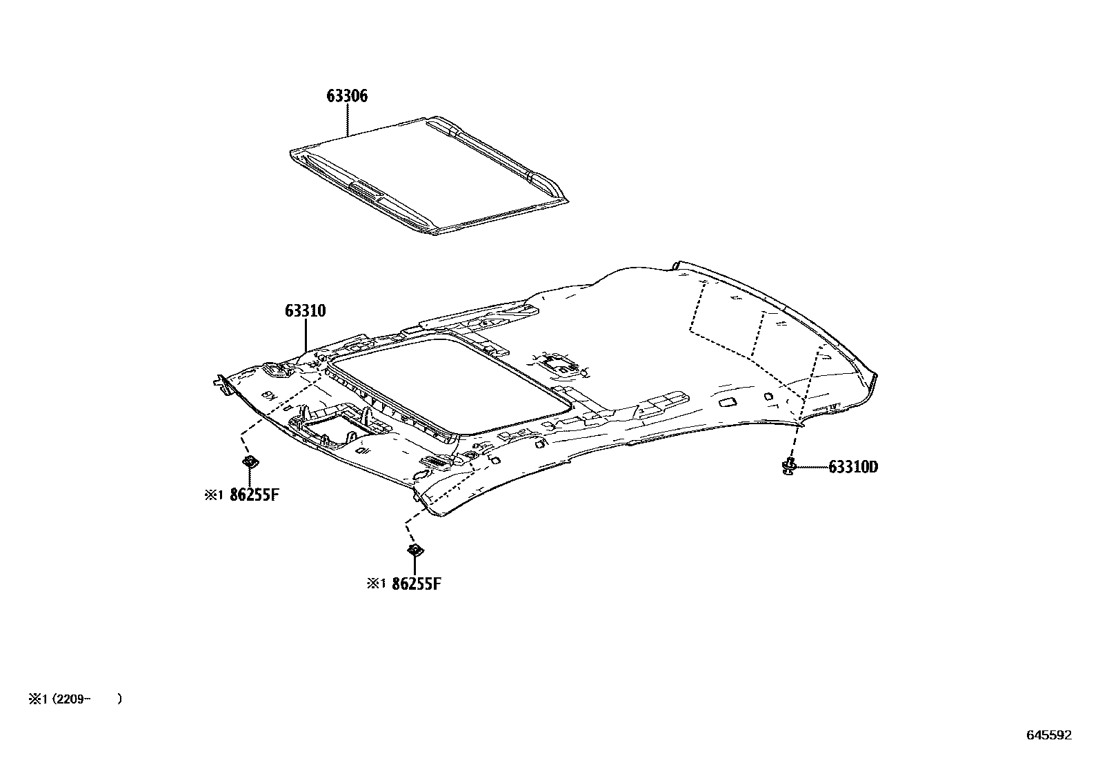 Toyota COROLLA 车顶内衬和消声垫 EPC diagram — 645592