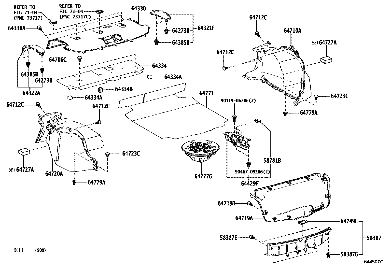 Toyota COROLLA 杂物箱板和行李箱垫 EPC diagram — 644507C