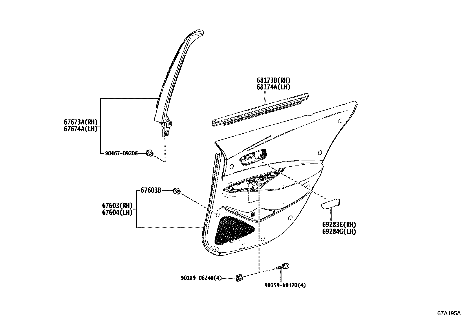 Toyota COROLLA 后门板和后门玻璃 EPC diagram — 67A195A