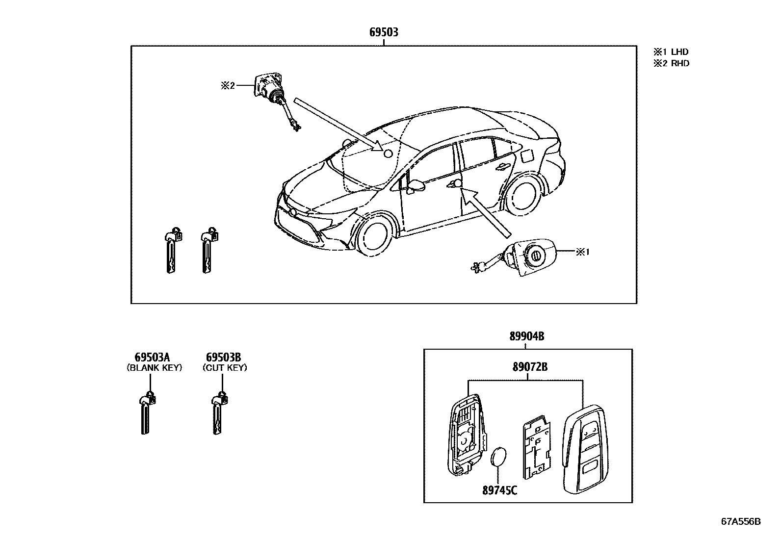 Toyota COROLLA 锁芯组件 EPC diagram — 67A556B