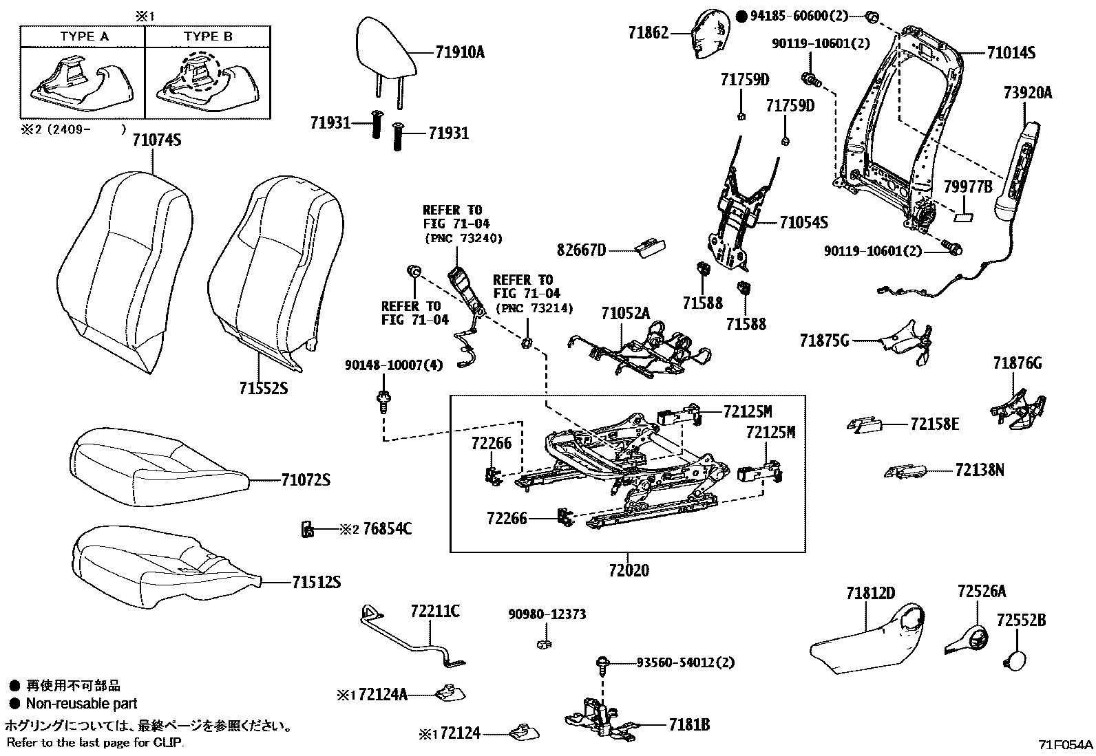 Toyota COROLLA 前排座椅和座椅滑轨 EPC diagram — 71F054A