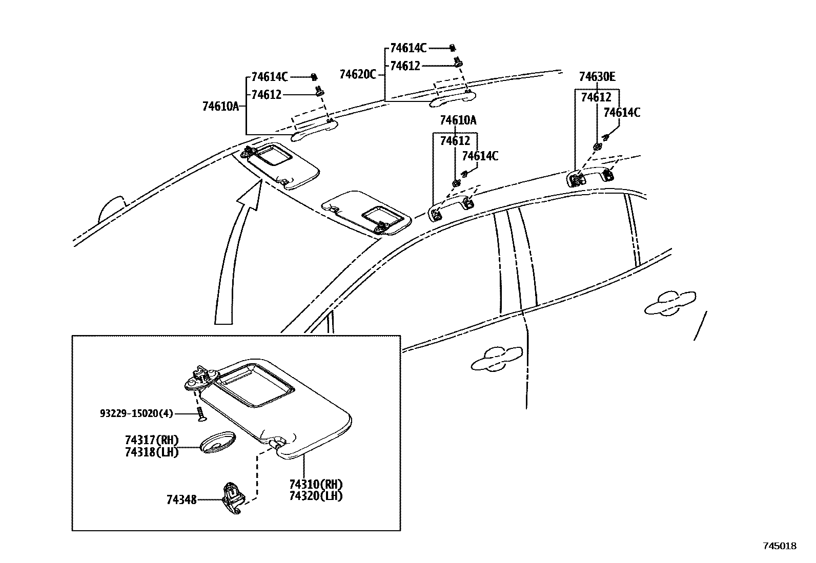 Toyota COROLLA 扶手和遮阳板 EPC diagram — 745018
