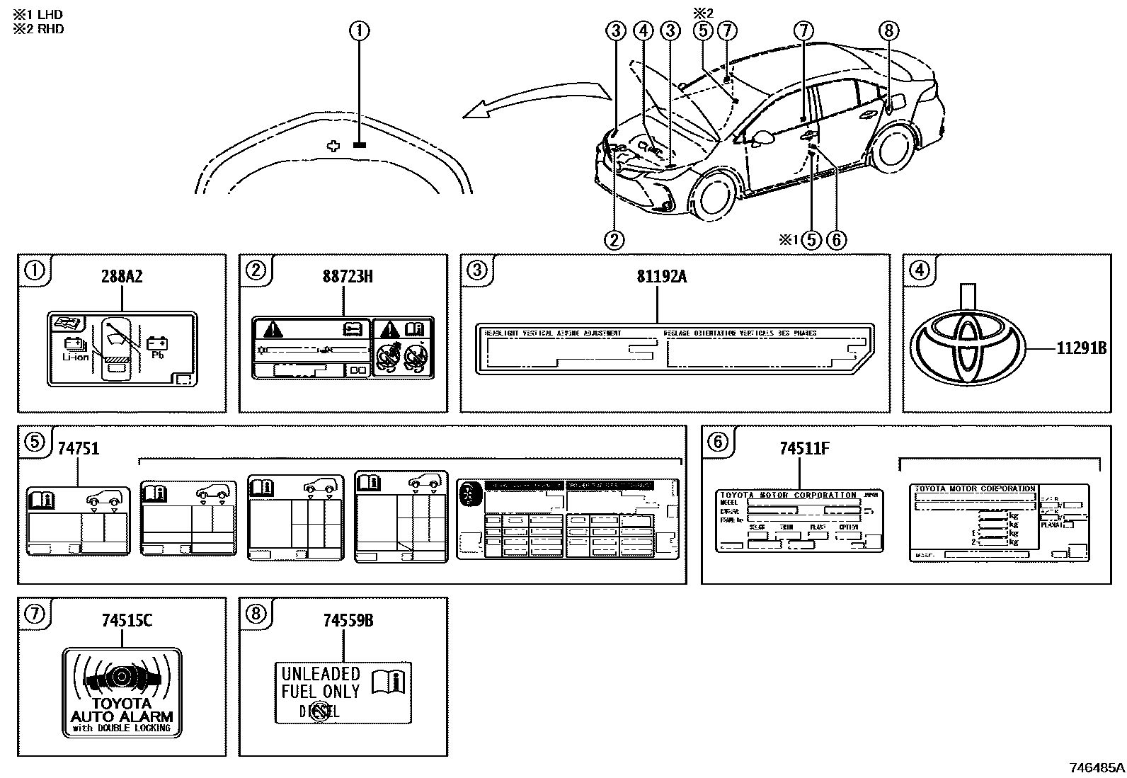 Toyota COROLLA 警示铭牌(车外和车内) EPC diagram — 746485A