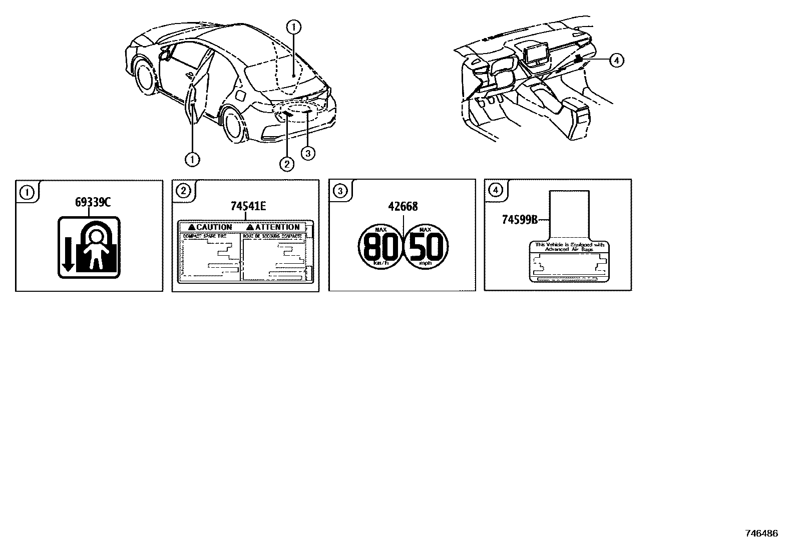 Toyota COROLLA 警示铭牌(车外和车内) EPC diagram — 746486