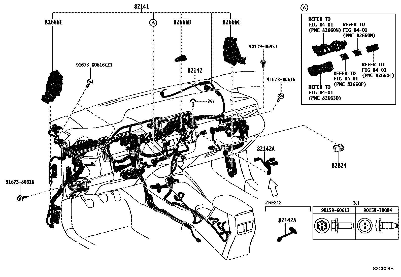 Toyota COROLLA 线束和卡夹 EPC diagram — 82C608B