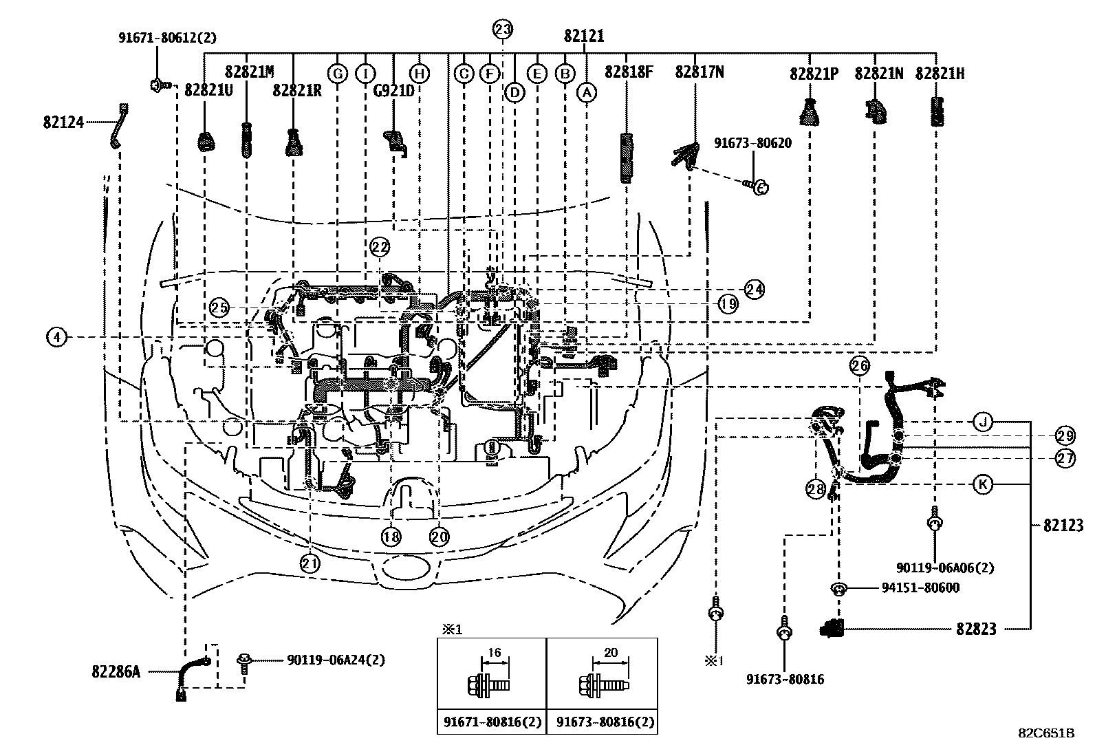 Toyota COROLLA 线束和卡夹 EPC diagram — 82C651B