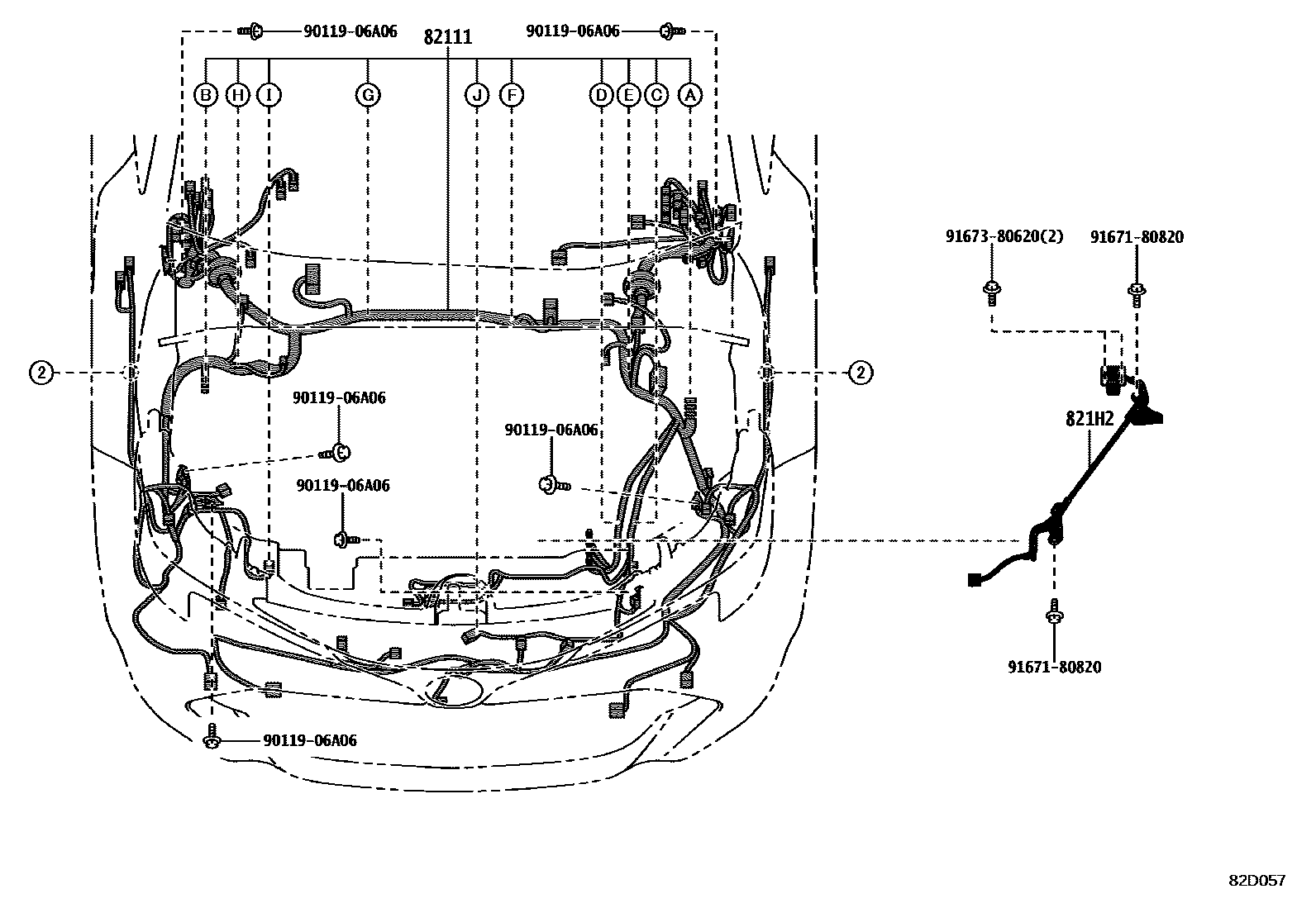 Toyota COROLLA 线束和卡夹 EPC diagram — 82D057