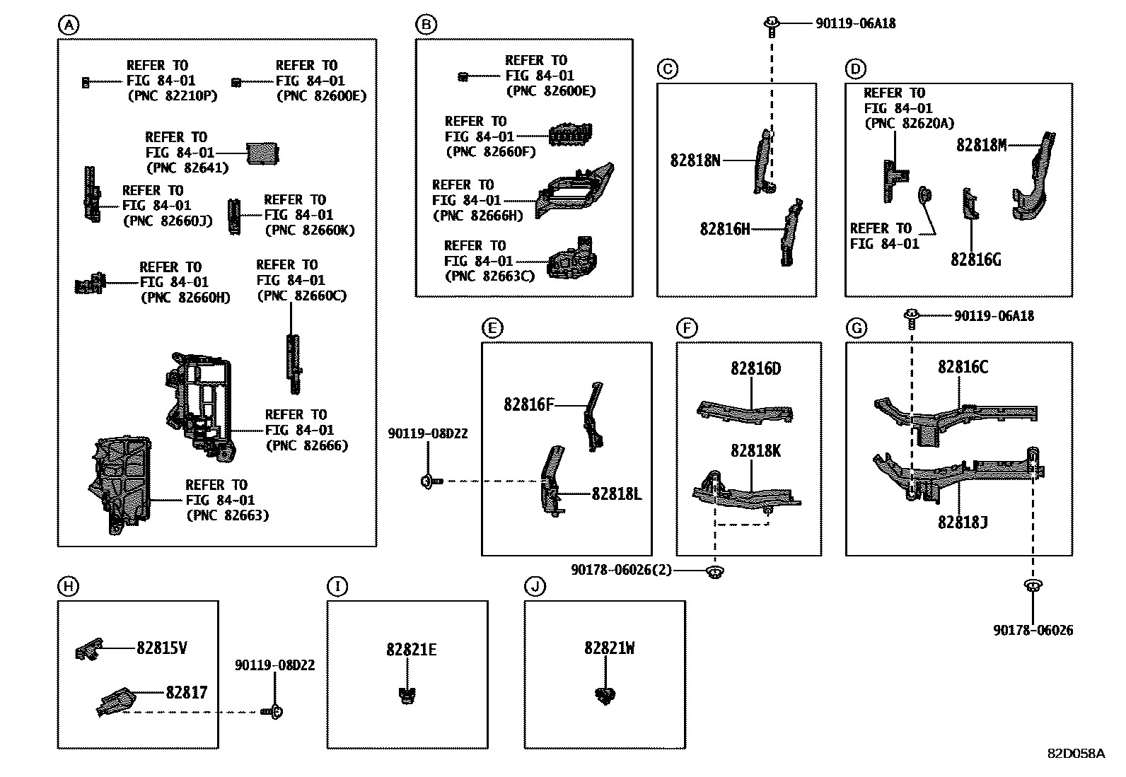 Toyota COROLLA 线束和卡夹 EPC diagram — 82D058A