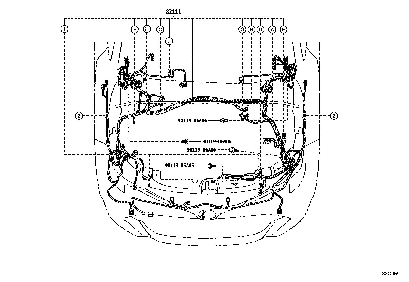 Toyota COROLLA 线束和卡夹 EPC diagram — 82D059