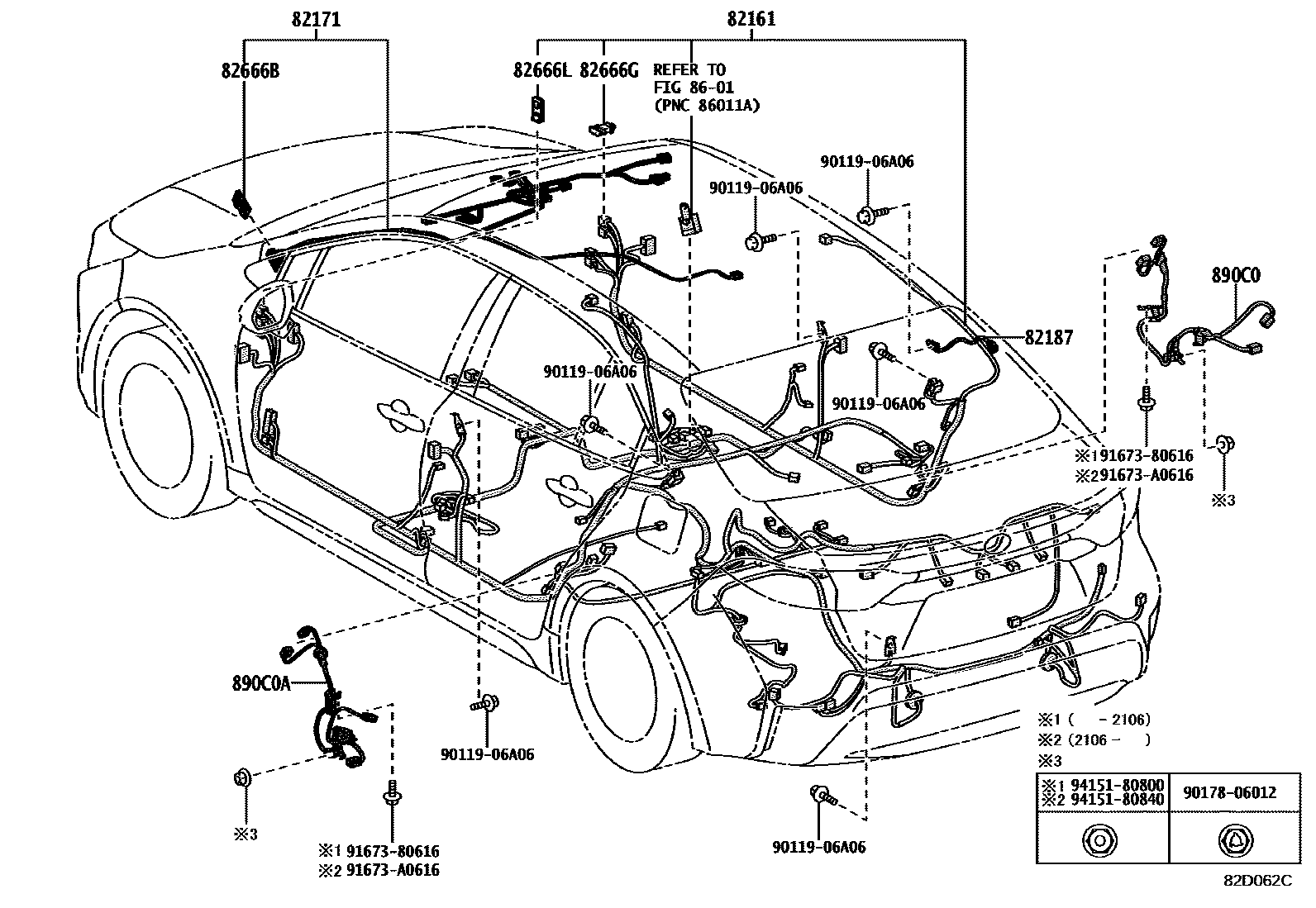 Toyota COROLLA 线束和卡夹 EPC diagram — 82D062C